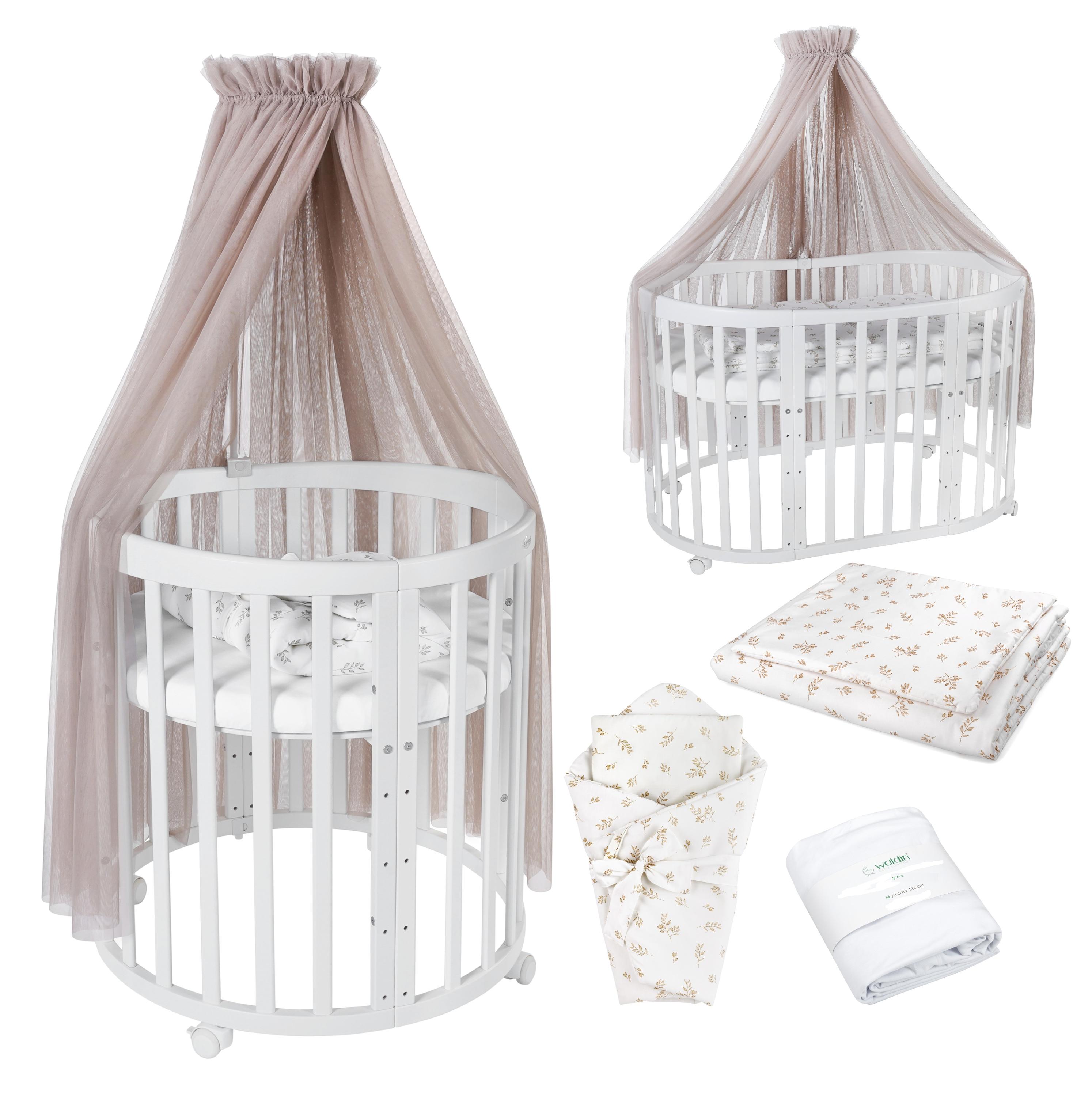 Mitwachsendes Babybett Buchenholz Weiß, 7 Kombinationen, 128x78 cm, inkl. 3-teiliger Schaumstoffmatratze und Bettwäsche im Taupe Zweige Design