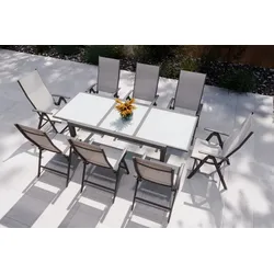 VILLANA Garten-Essgruppe, anthrazit/grau, Alu/Textil, Tisch 160 x 220 cm, 8 Klappstühle