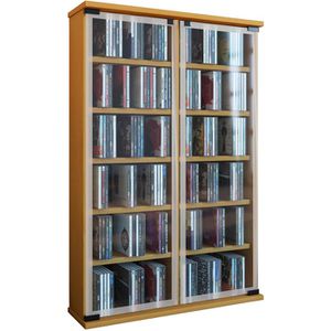 VCM CD-Regal Galerie, 30053, buche, mit 2 Glastüren, aus Holz, 60 x 91,5 x 18cm, 12 Fächer