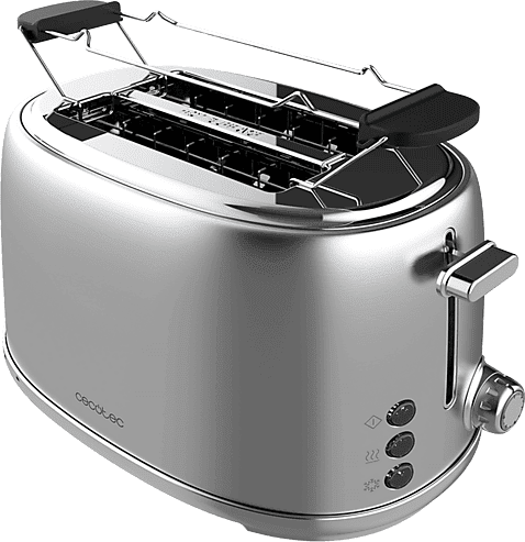 Tostadora - Cecotec Toast&Taste; 1000 Retro Double Inox, 980 W, Diseño retro, Ranura ancha, Calienta panecillos, Plata