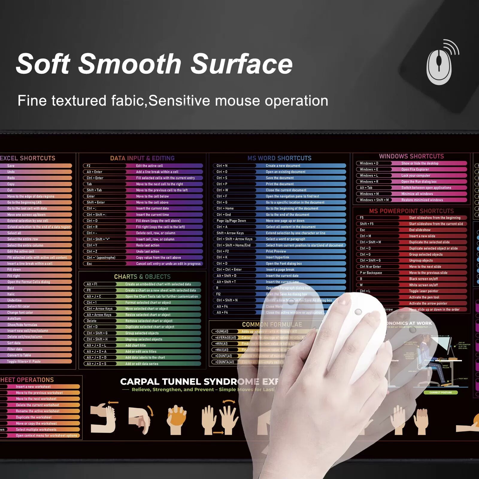 INF 13in1 Großes Stoff-Gummi-Mauspad mit Shortcuts – 300x800mm 3 mm