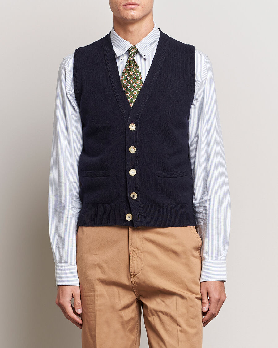 Drake's Lambswool Vest Cardigan Navy men M Blå