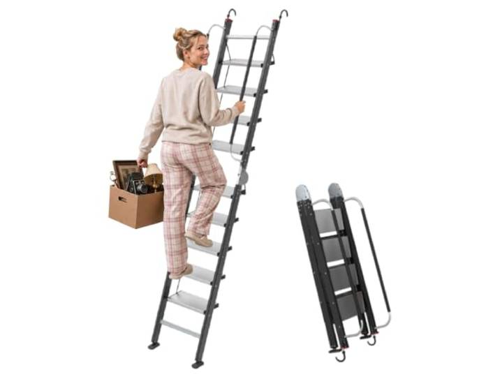 Klappbare Dachbodentreppe mit Handlauf ＆ Haken, 2,2–2,4m Deckenhöhe Aluminium-Bodentreppe, 9-stufige Dachbodenleitern mit Rutschfesten Stufen ＆ Fußpolstern, Tragfähigkeit 150kg