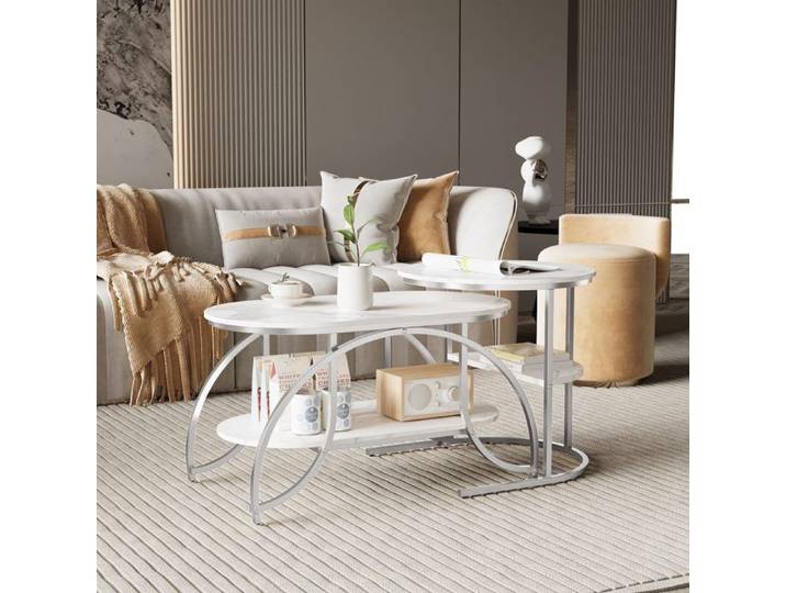 Table Basse - DREAMMESPACE - Gigone - Marbre Blanc - Pieds Argentés - 80x46x45cm