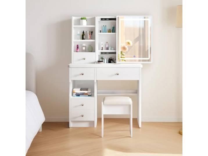 DATO Schminktisch mit LED-Beleuchtung, 3 Farbtemperaturen und Helligkeit Einstellbar, Schminktisch mit Hocker,Frisiertisch mit 5 Schubladen und 3 Ablagen, Schminktisch mit Schiebespiegel (T68)