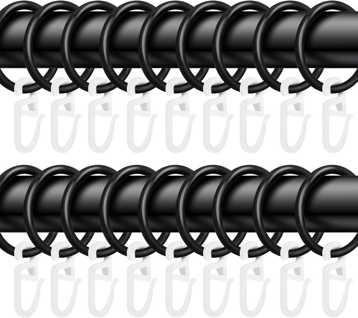 50 stuks Metalen Gordijnringen en 50 stuks Plastic Gordijnhaken Zwart - 30mm Binnenmaat