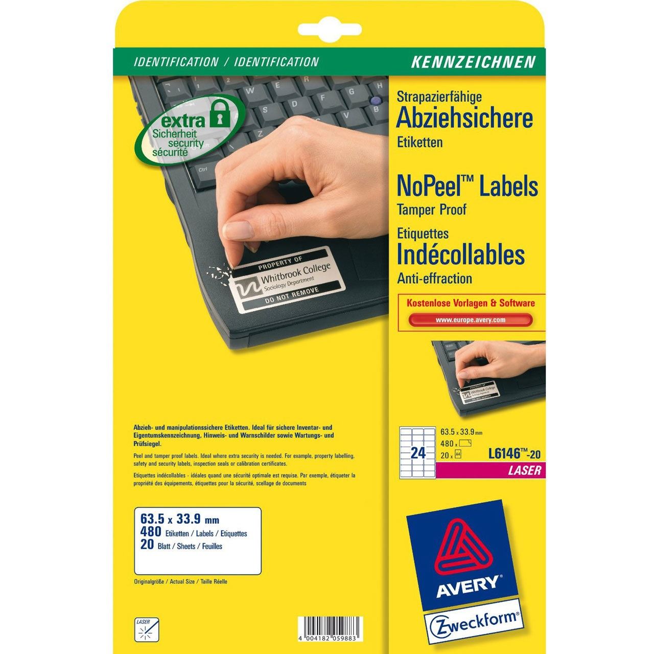 AVERY Zweckform 480 abziehsichere Folienetiketten L6146-20 weiß 63,5 x 33,9 mm