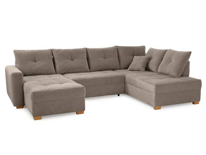 Wohnlandschaft U-Form Sofa groß Schlaffunktion Couch Bettkasten Cord Braun Taupe / 15219