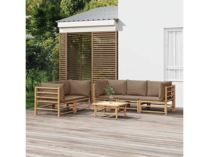 Bambou durable avec coussins confortables Salon de jardin Brun 6 pieces Salon de jardin 6 pcs bambou avec coussins taupe, canapé modulaire extérieur avec table, ensemble meuble terrasse confortable