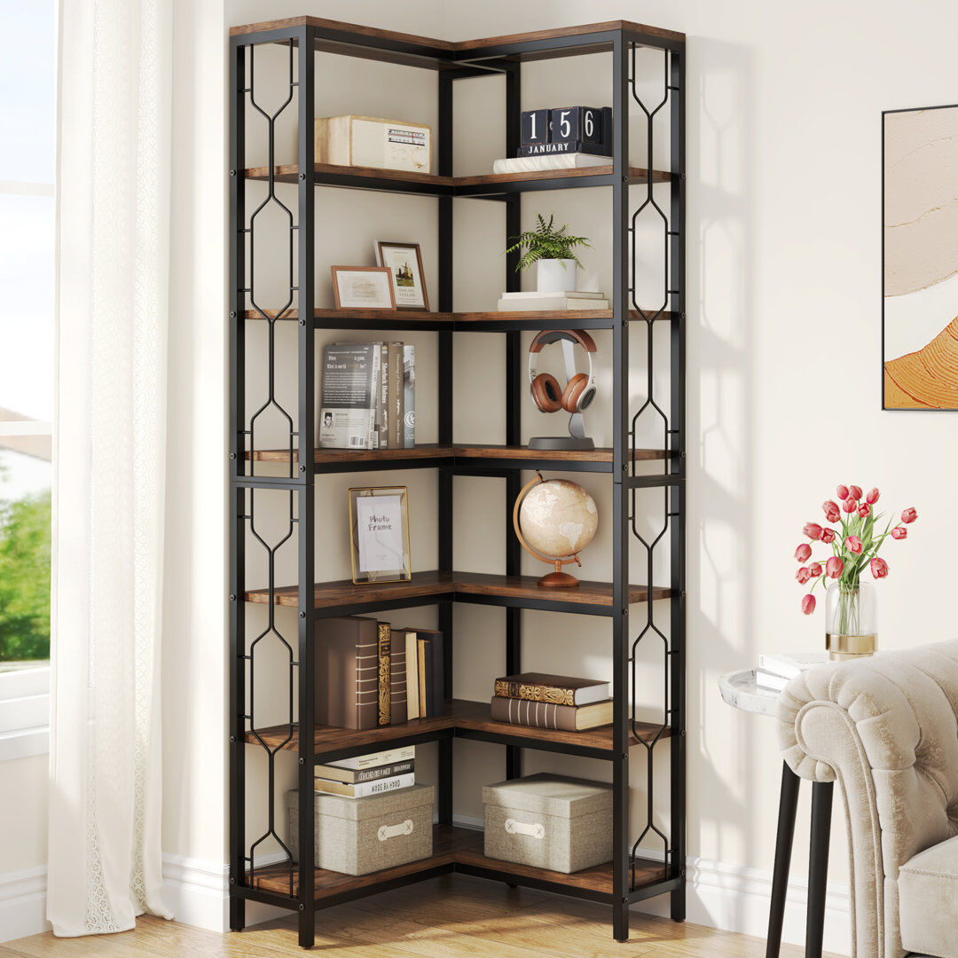 Rio Amyri 200cm H x 60cm W Steel Corner Bookcase Brown/Black 200cm H X 60cm W X 35cm D