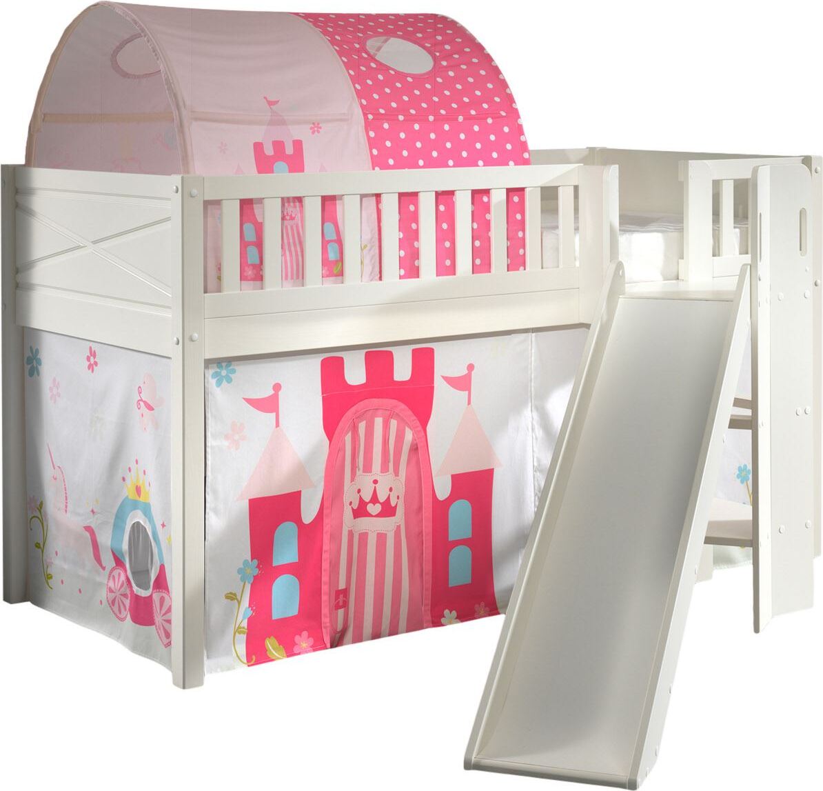 Kinderbett mit Rutsche Karyl Massivholz Weiß Textilset Princess 2