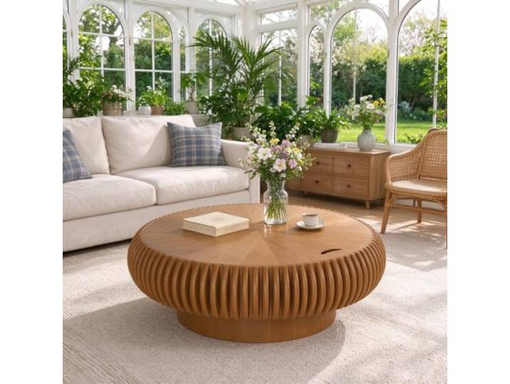 Runder Couchtisch in Trommelform, Couchtisch Aus Holz Mit Stauraum Handgefertigter, Gerillter Couchtisch in Trommelform Mit Verborgenem Stauraum – Für Das Wohnzimmer, Einfache Montage