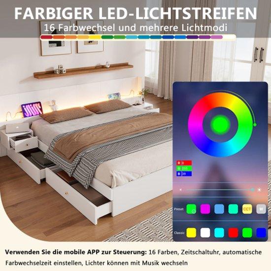 Zweisitziges Bett 180x200cm, Holzbett, Jugendbett, mit USB-Schnittstelle, mit LED-Beleuchtung und Steckdosen, über App bedienbar, 2 Nachttischen, mit Schublade, ohne Matratze, Weiß