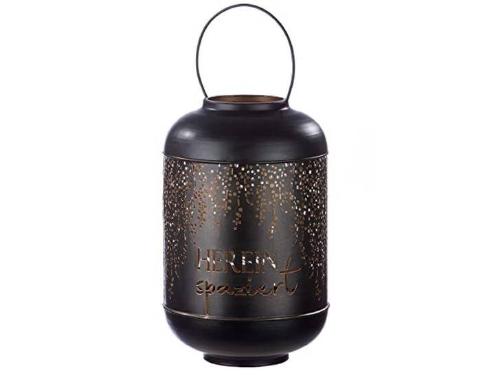 GILDE Lanterne XL - Grand photophore avec Inscription Herein spaziert - Couleur Or à l'intérieur/Noir à l'extérieur - Ø 24 cm Hauteur 39 cm