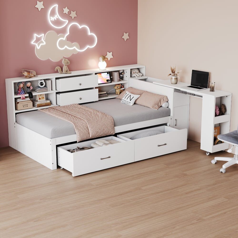 Urban Meuble Lit multifonction blanc avec tiroirs, étagères et bureau Blanc 232x100x130cm