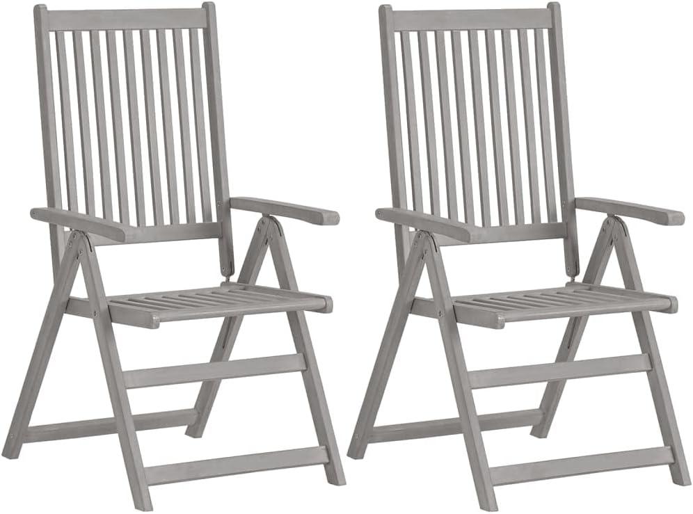 2 verstellbare Gartenstühle mit Auflagen aus massivem Akazienholz, graue Lackierung, 5-fach verstellbare Rückenlehnen und wasserdichte Polyester-Auflagen
