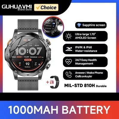 Uplift Essentials Tactical Endurance Military Smart Watch 1000mAh Battery & GPS Pro AMOLED HD IP68 Waterproof Mens Sport Watch black Mesh Belt