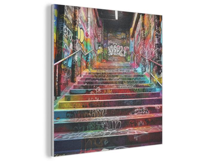 MuchoWow Akustikbild - Treppe - Graffiti - Farben - Kunst - 60x60, Mehrfarbig, Kunststoff, Quadratisch, 60x60x0.9 cm, Wandverkleidung, Akustikpaneele