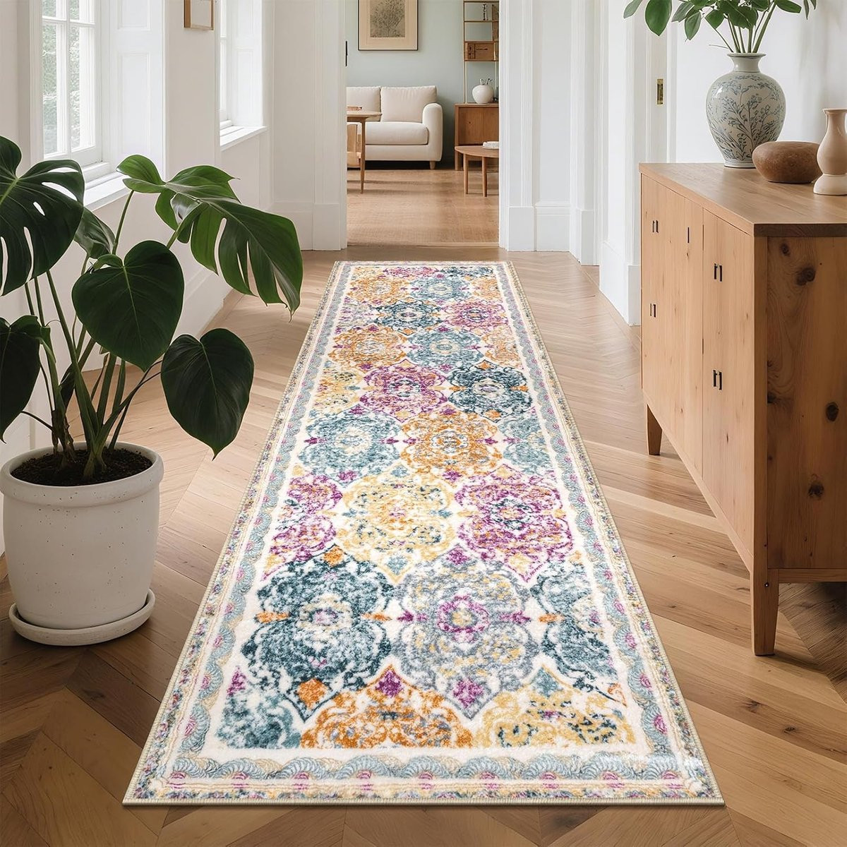 Wasbare Shaggy Hallway Runner in Boho Stijl met Antislip - Abstract Microfibre Vloerkleed voor Entree, Keuken, Badkamer of Woonkamer - B/D: 75 x 243 cm