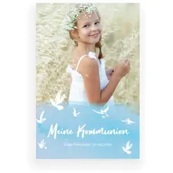 Einladungskarte Kommunion: Weißes Täubchen mit Foto in Hellblau