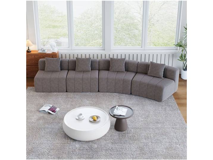 ELVORIN Canapé modulable courbé en chenille gris 4 places 2 coussins