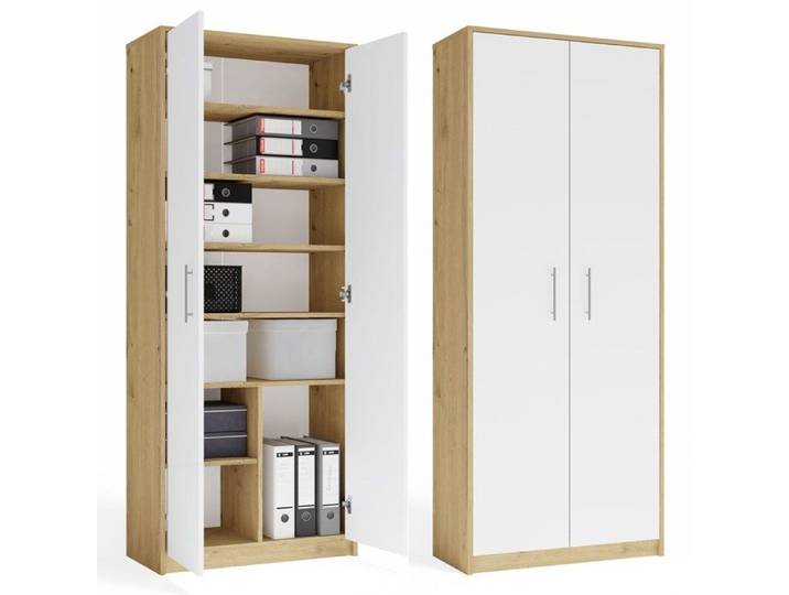 OLIV 2D - Armoire 2 portes 8 étagères - 74 x 180 x 35 cm - BLANC / CHÊNE ARTISANAL