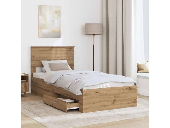 SKTQYQO Bettgestell mit Schublade, Eichenholz, handgefertigt, 90 x 190 cm Technisches Holz, Kopfteil inklusive, Latten für Belüftung, Griffe Silber, leicht zu reinigen