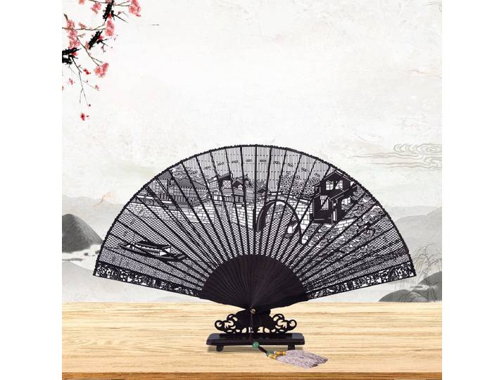 Éventail pliant artisanal en bois d'ébène et de palissandre, style chinois, sculpté à la main, ajouré, pour femme