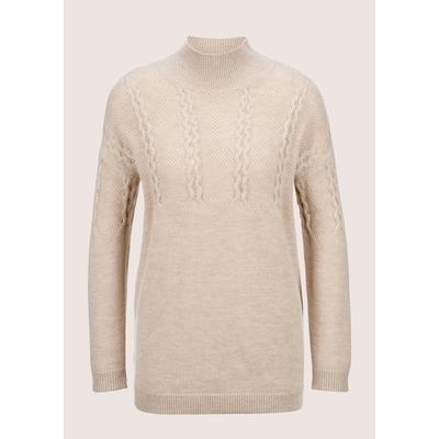 Longpullover MADELEINE "Strickpullover Stilvoller Wollpullover mit Stehkragen", Damen, Gr. 44/46, weiß (cappuccino, wollweiß, melange), Obermaterial: 100% Schurwolle WV., Modern, normal, Pullover Longpullover