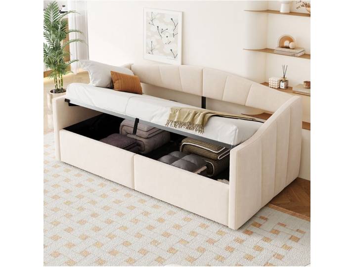 HOMVRA Lit Coffre 90x200 cm Lit Banquette avec Sommier à Lattes et Accoudoirs en Velours Beige (Sans Matelas)