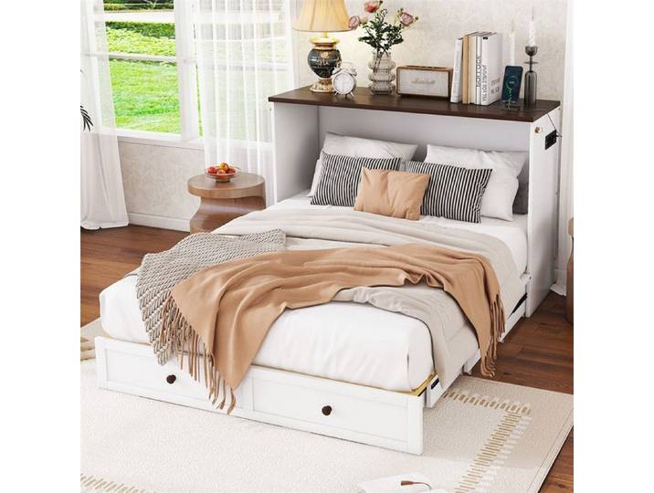 DRIPEX Lit escamotable mobile 140x200cm avec tiroirs au pied du lit et étagère à la tête du lit lit pliant avec port USB Blanc