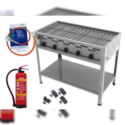 ChattenGlut Gastrobräter mit Fettbrandlöscher GLORIA FA 6 EASY und DGUV-Prüfaufzeichnung, 5 Brenner je 4,5 kW (22,5 kW), Edelstahlrost, Standgerät