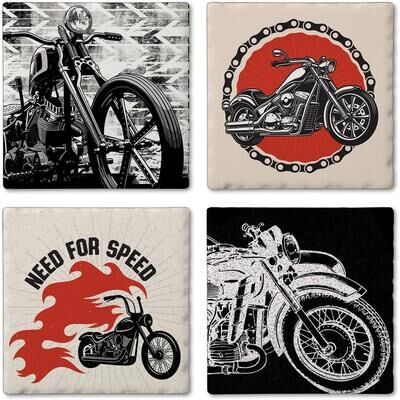 Thirstystone "Motorcycles 4-Pack Tumbled Tile Stone Coasters with Protective Cork Backing 4"" Square Made in The USA Artistic Absorbent"