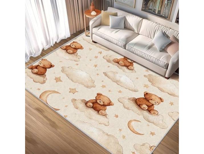 AUWUUA Teddybär Teppich 160x230cm Weich Waschbar rutschfest Kinderteppich, Aquarell Mond Wolkenmuster Niedlich Deko Teppiche für Kinderzimmer, Jungen und Mädchenzimmer, Babyzimmer, Schlafzimmer