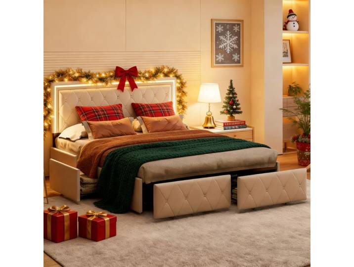 Lit 160x200 cm - DRELYGWEA - LED - 4 tiroirs - Sommier à lattes - PU beige - cadre de lit double 160x200 - Lit 2 Places