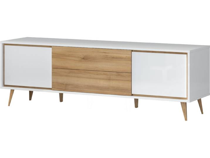 TV-Board, Spanplatte, Crystal Weiß & Pacific Walnut, 180×58×47 cm, Soft-Close & Push-to-open, Klassisch, Home-affaire
