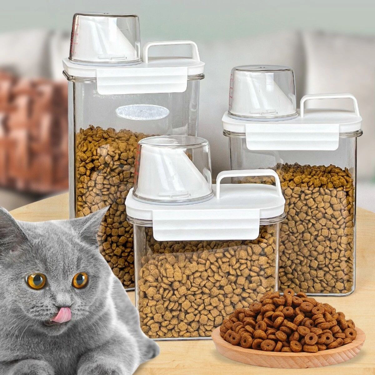 INF Boîte de rangement pour nourriture pour animaux 1.1L - Conteneur plastique transparent hermétique avec couvercle pressable