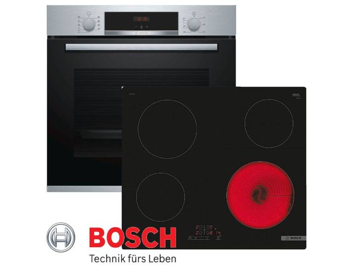 BOSCH Backofen-Set Autarkes Herdset Backofen Bosch 3D Heißluft + Glaskeramik Kochfeld 60, mit 1-fach-Teleskopauszug, LED-Anzeige, 3D-Luftzirkulation, Kindersicherung