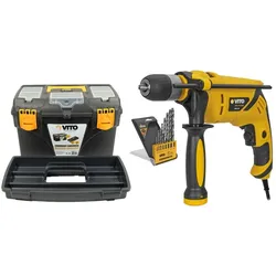 Schlagbohrmaschine 850W + 8 Stahlbohrer 3 bis 10 mm + 18"-Werkzeugkasten VITO
