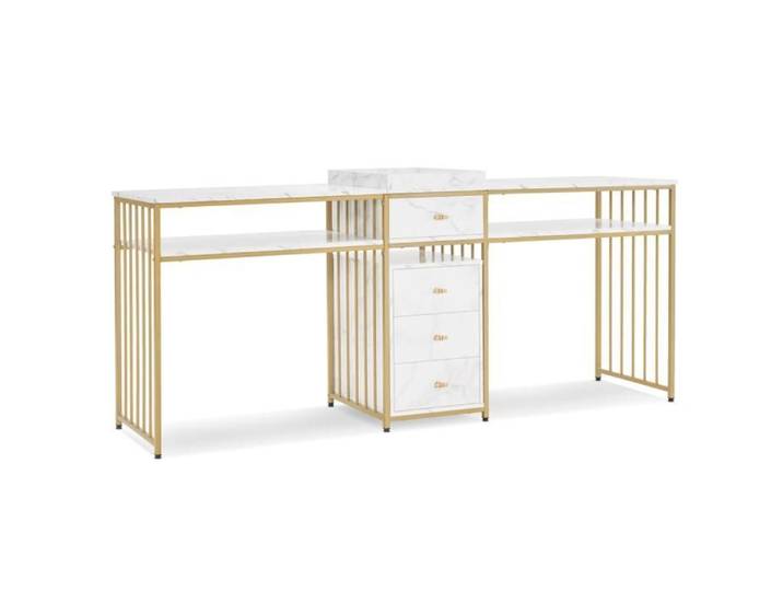 M MCombo 2413 Double coiffeuse table de manucure avec tiroirs avec étagère sans miroir blanc avec bord doré