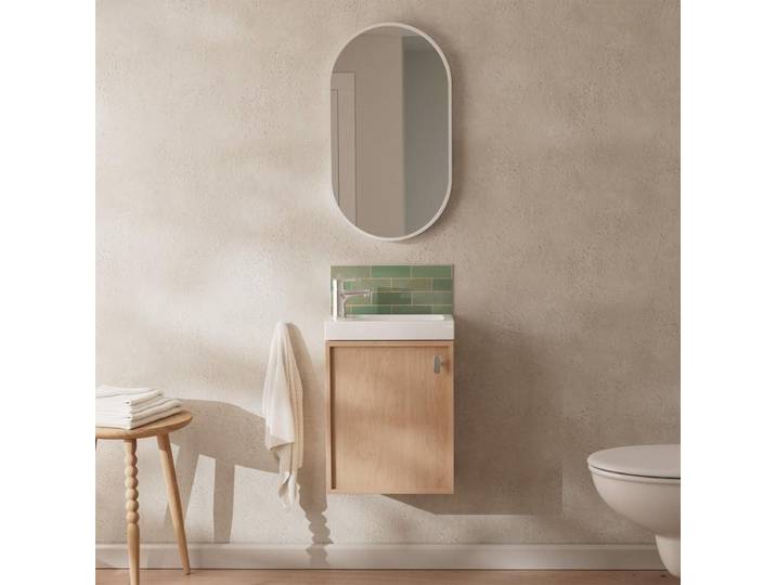 Ensemble meuble lave-mains décor chêne FRAME + robinet + miroir