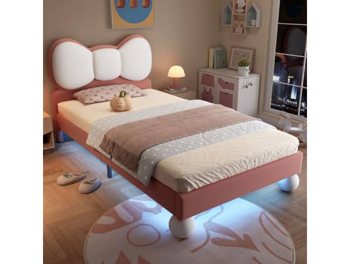 Lit rembourré: Lit simple Tête de lit en forme de mouche Lit rembourré harmonieuse pastel beige-rose Velours Rose Lit enfant