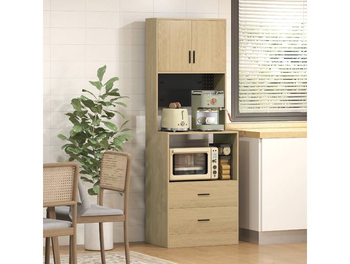 HOMCOM Buffet Micro-ondes Bois Naturel 2 Tiroirs 2 Portes Étagère