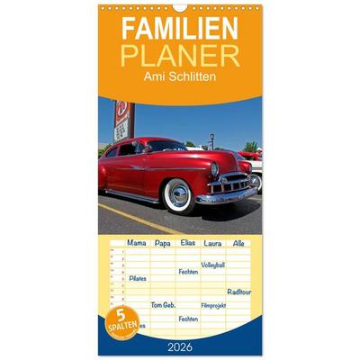 Familienplaner 2026 - Ami Schlitten mit 5 Spalten (Wandkalender, 21 x 45 cm) CALVENDO