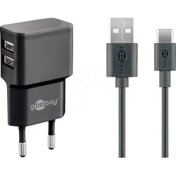 GOOBAY 44986 - USB-Ladegerät, dual, 5 V, 2,4 A, USB-C, schwarz