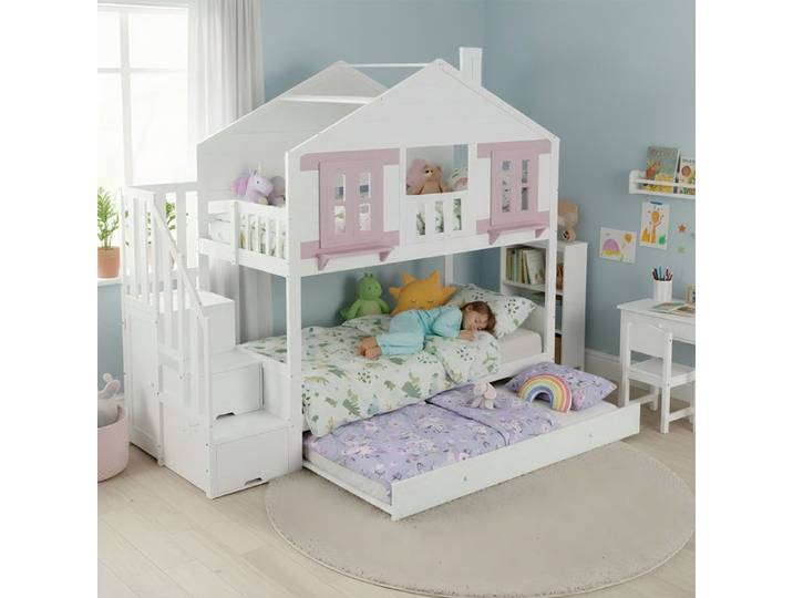 Lit superposé enfant 90x200 blanc et rose avec rangement tiroir et penderie