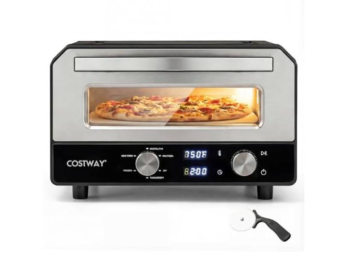 FANTASK Elektrischer Pizzaofen bis 400℃, 6 Programme, 2-Minuten Backfunktion, Pizzastein & Schneiderad, Indoor Pizzamaker