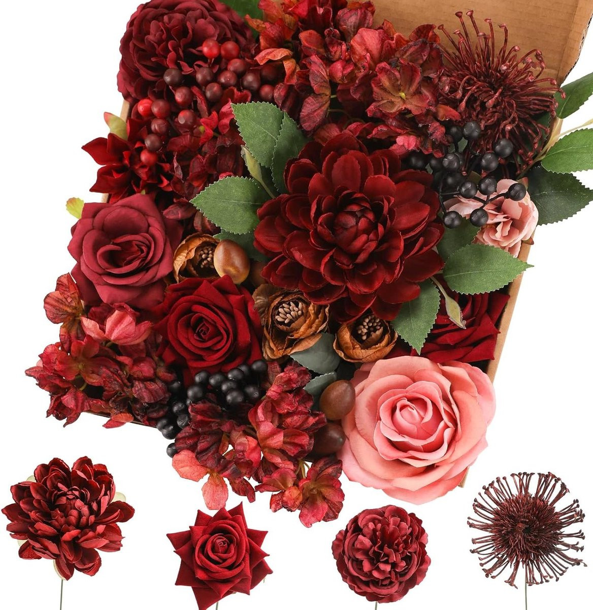Kunstbloemen Mix Bordeauxrood - 18 Stuks Zijden Bloemen voor DIY Bloemstukken