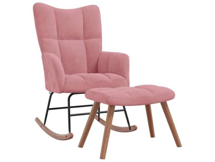 Schaukelstuhl mit Fußhocker rosa Samt mit Stahlrahmen und Holz Rechteckig gesteppt, dicker Schwamm, robuster Stahl, elegantes Design, Samtbezug