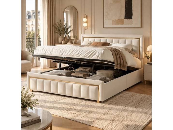 Lit Capitonné 180x200 Lit Coffre avec Rangement Lit en Velours Lit Rembourré au Design Moderne Adultes Double Beige Blanc
